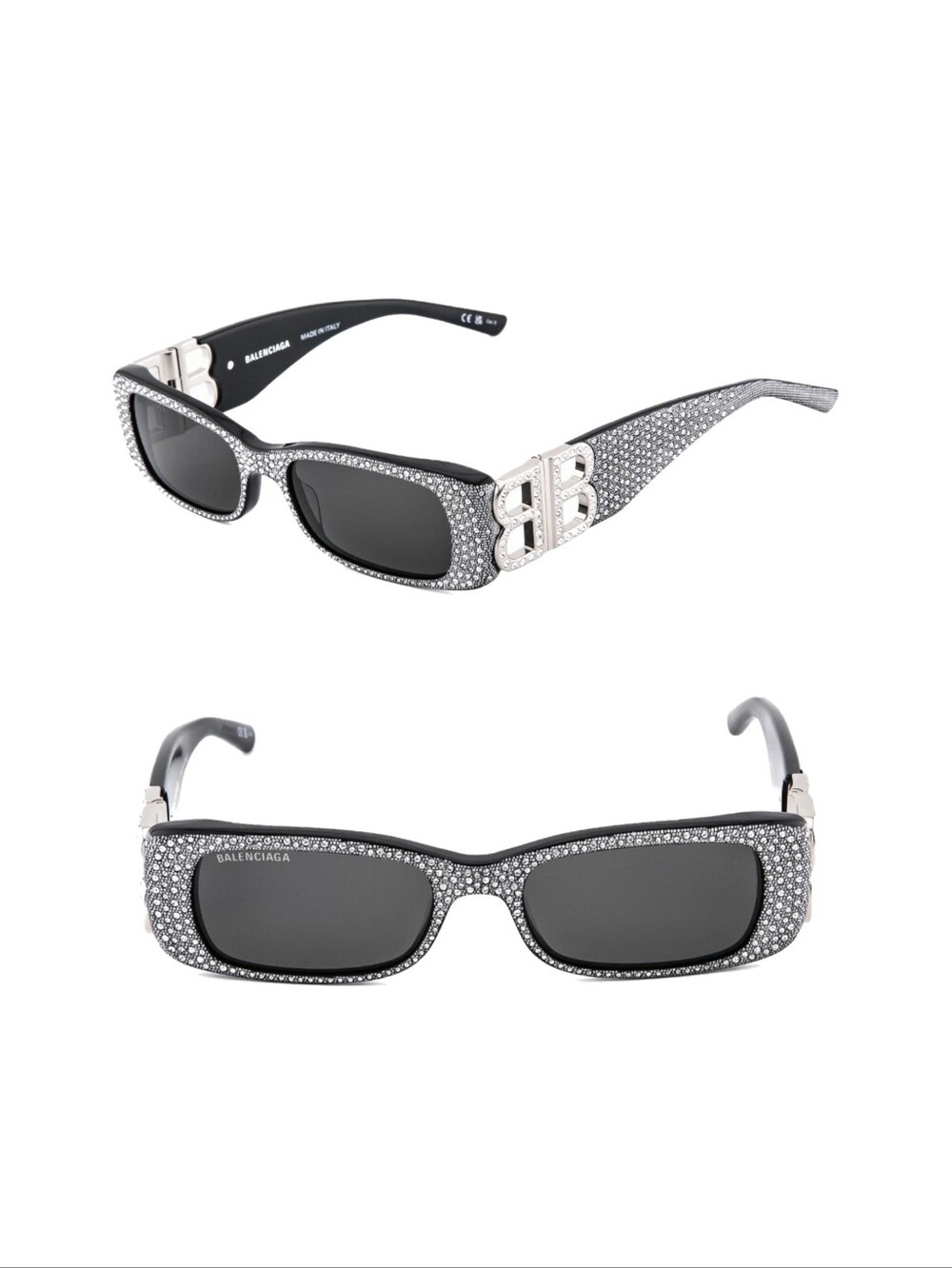 Balenciaga Unisex Black Crystal-Embellished BB Logo Rectangle Sunglasses